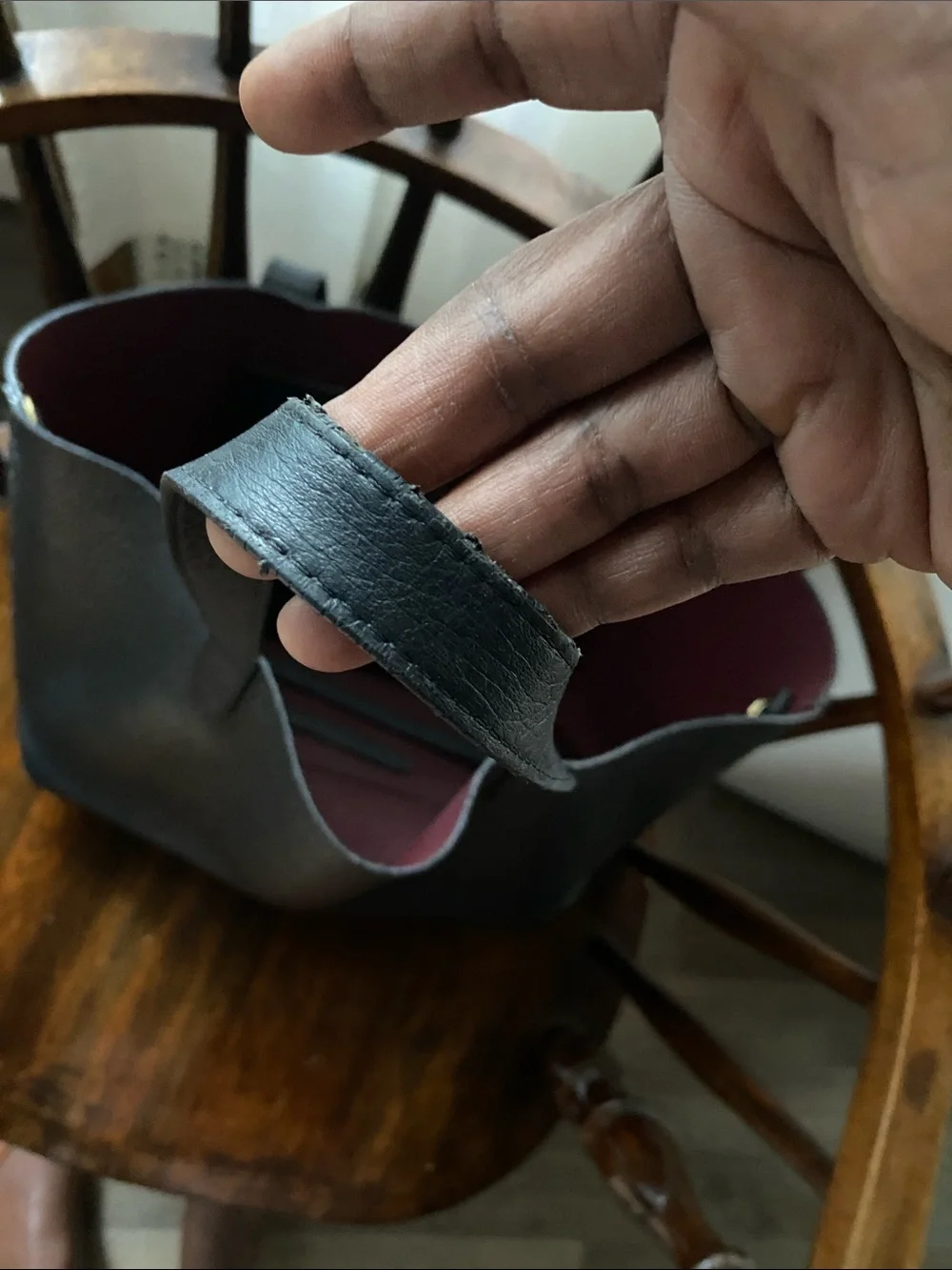 Cuyana Black Leather Tote Bag with Maroon Interior